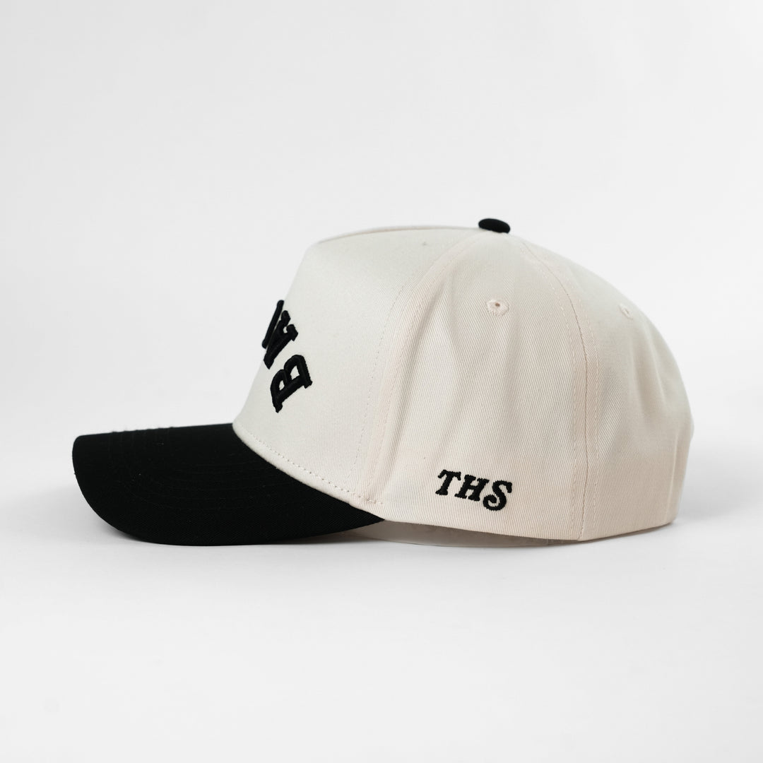 bacon upside down a-frame snapback hat with THS logo on the side