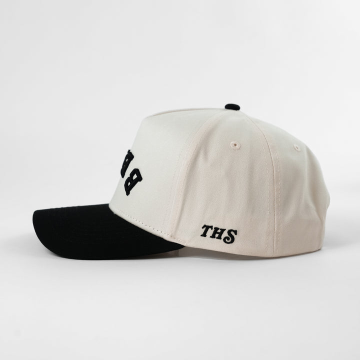 beer upside down a-frame snapback hat with THS logo on the side