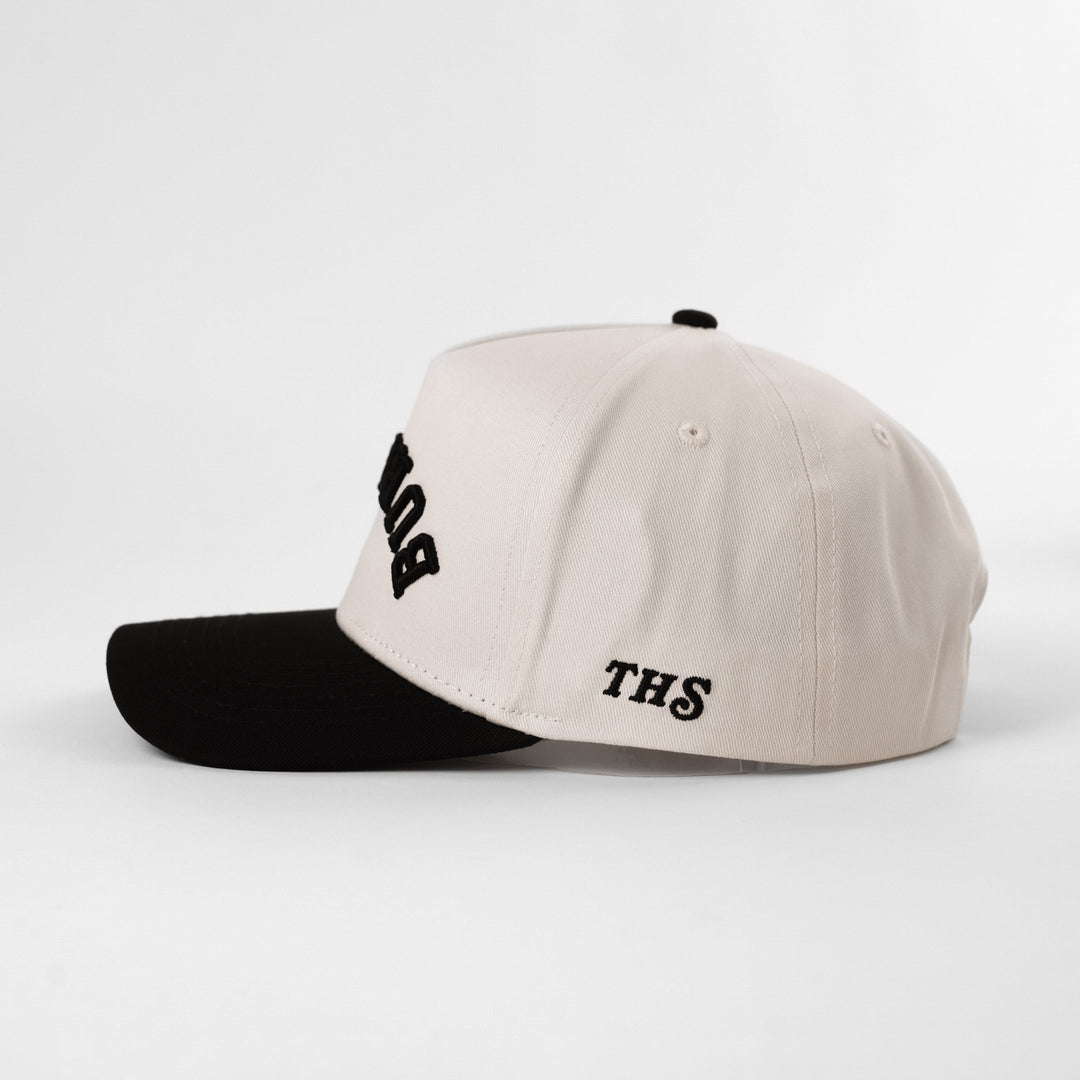 burritos upside down a-frame snapback hat with THS logo on the side