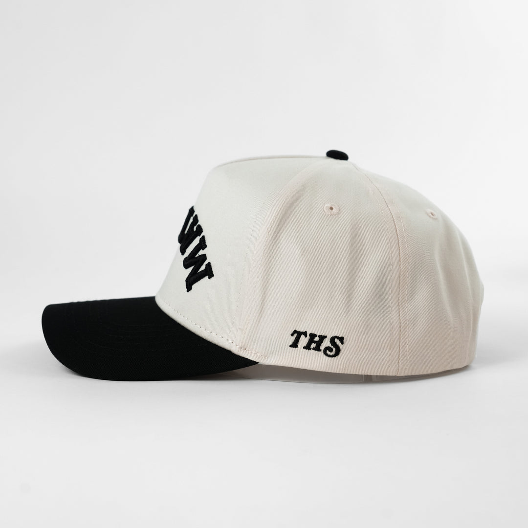 matcha upside down a-frame snapback hat with THS logo on the side