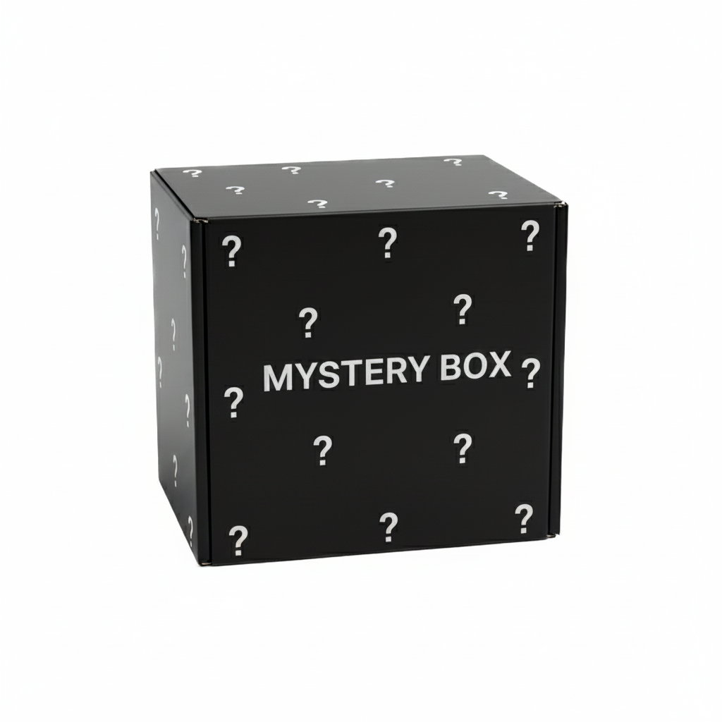 black mystery box with randomized hat inside the box