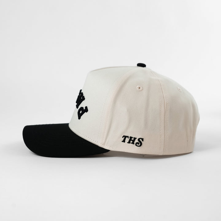 pasta upside down a-frame snapback hat with THS logo on the side