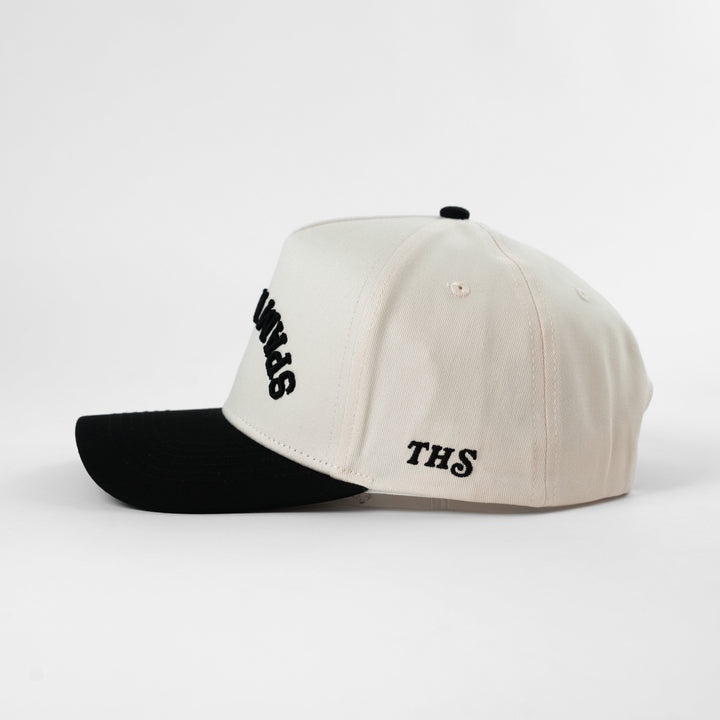 upside down spam musubi hat with THS logo on the side